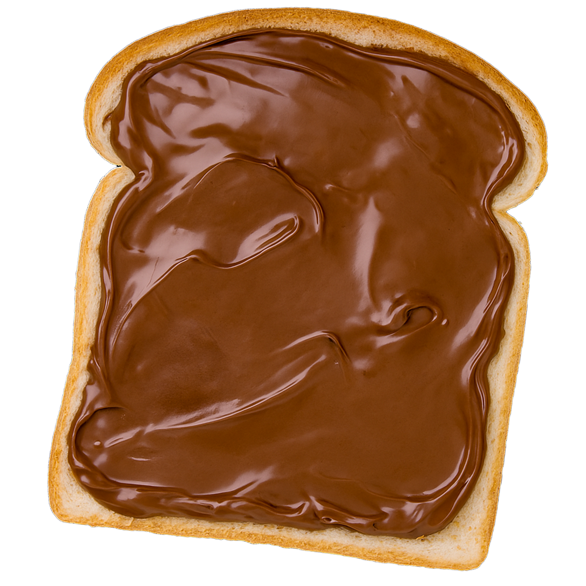 Slice of bread with chocolate spread on a white background
