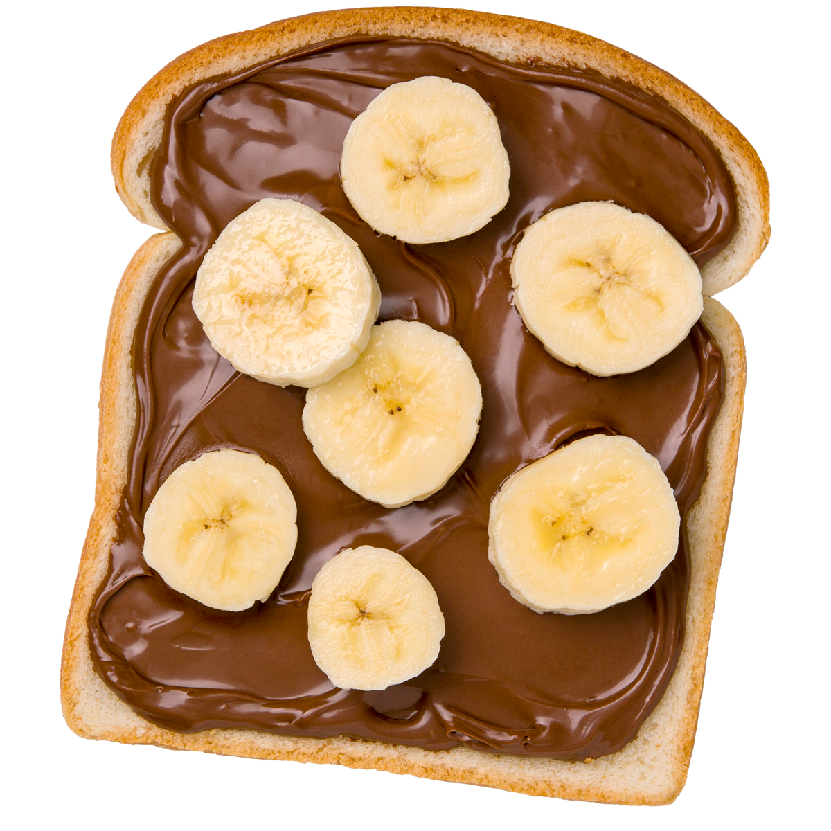 Toast with Nutella and banana slices on a white background